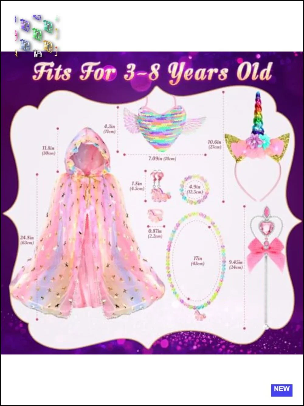 Light Up Unicorn Princess Cape Set with Headband, Accessories, Girls Costume